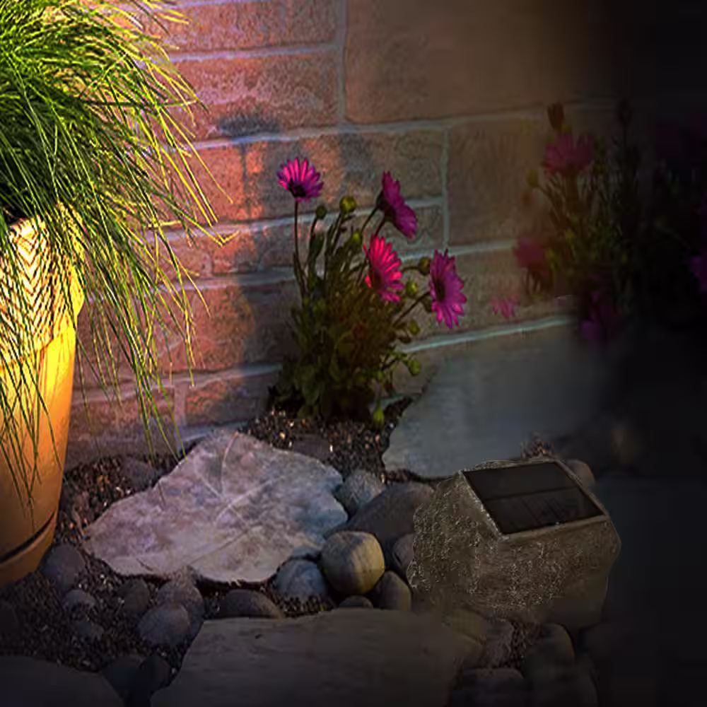 Hampton Bay Sandstone White Faux Rock LED Outdoor Solar Path Light (3-Pack)