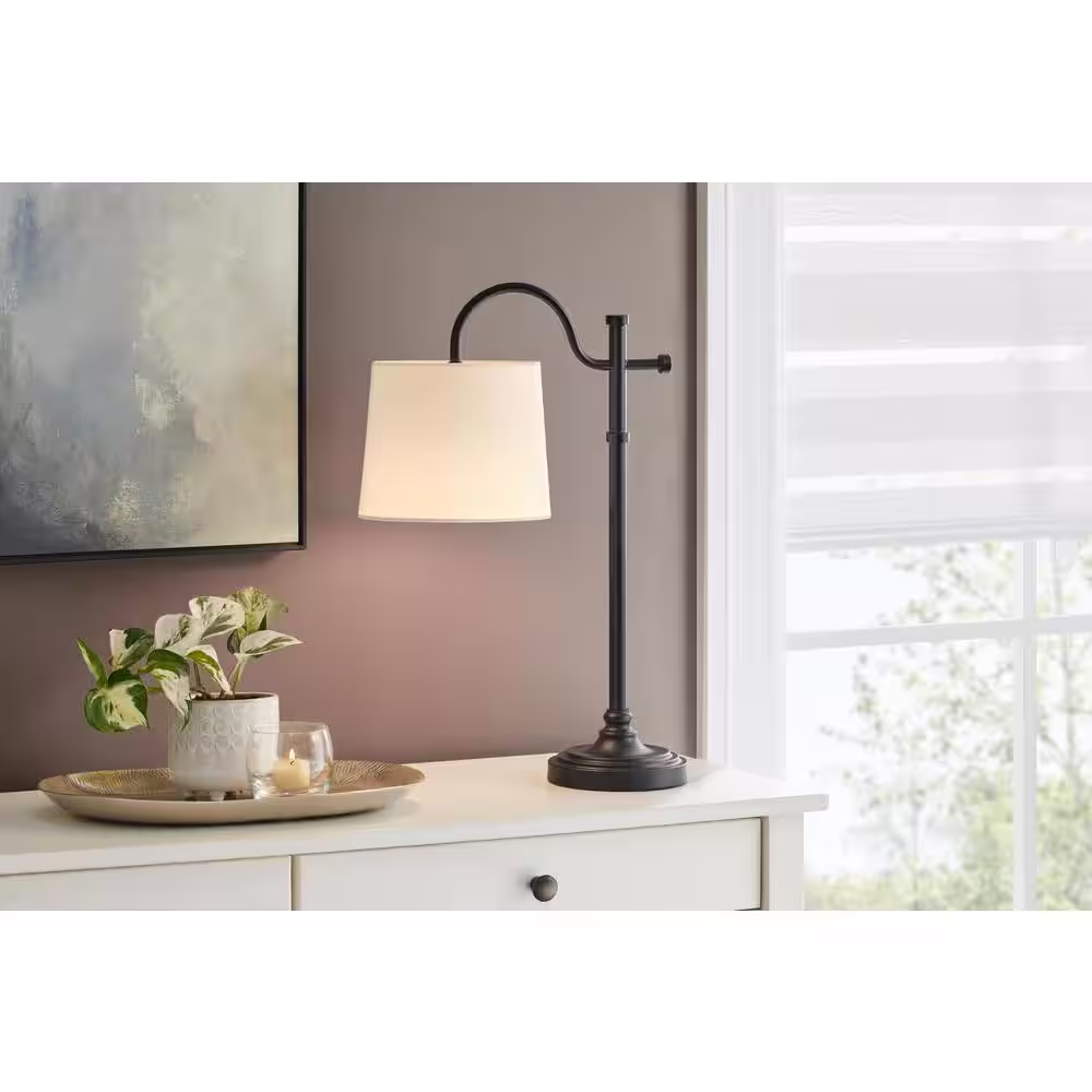 Hampton Bay Carver 21 in. Black Downbridge Table Lamp with White Shade