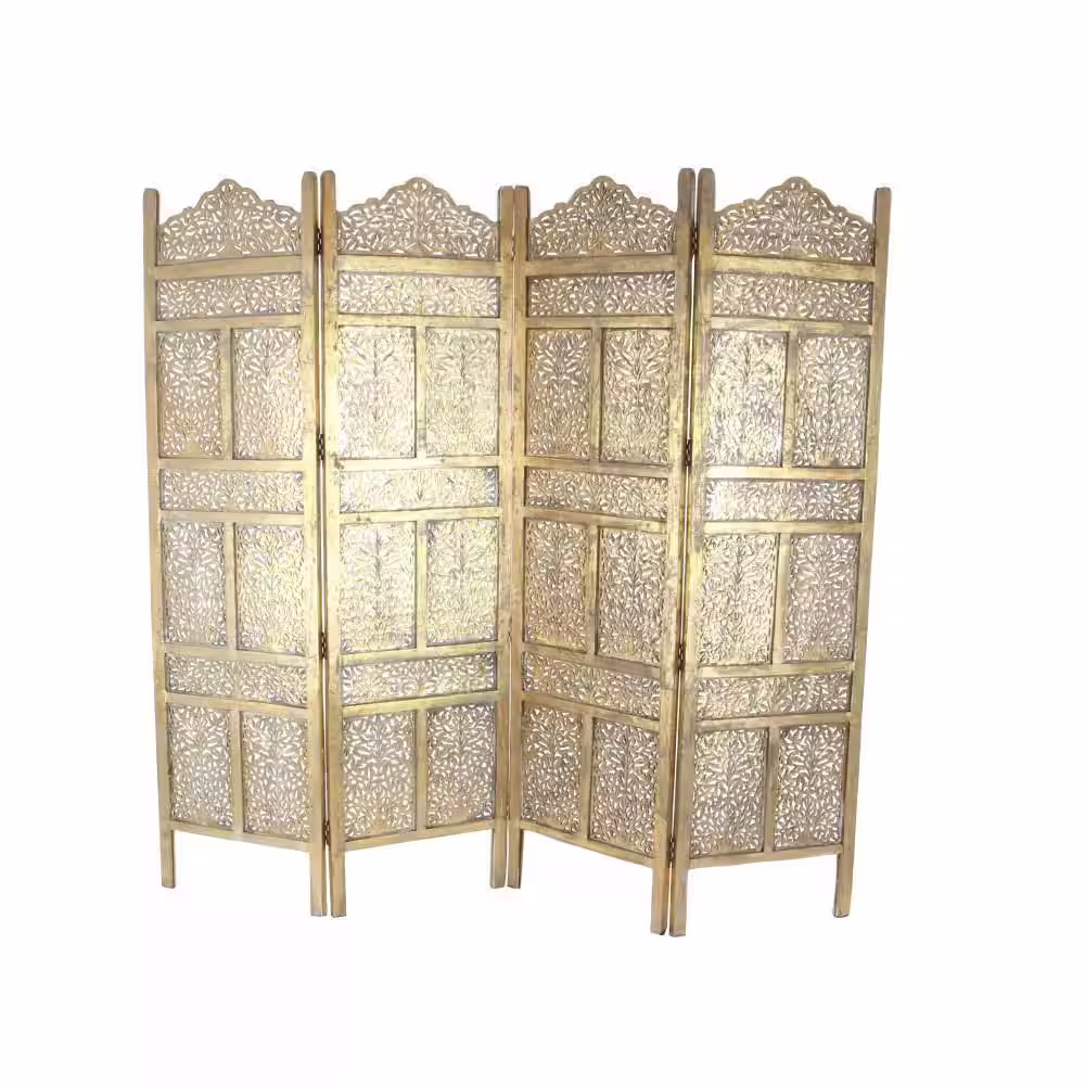 Litton Lane 6 ft. Gold 4 Panel Floral Handmade Foldable Partition Room Divider Screen with Foiled Intricately Carved Designs