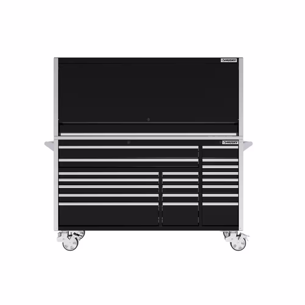 Husky 72 in. W x 24.5 in. D Professional Duty 20-Drawer Mobile Workbench Tool Storage Combo with Top Tool Chest Hutch in Black