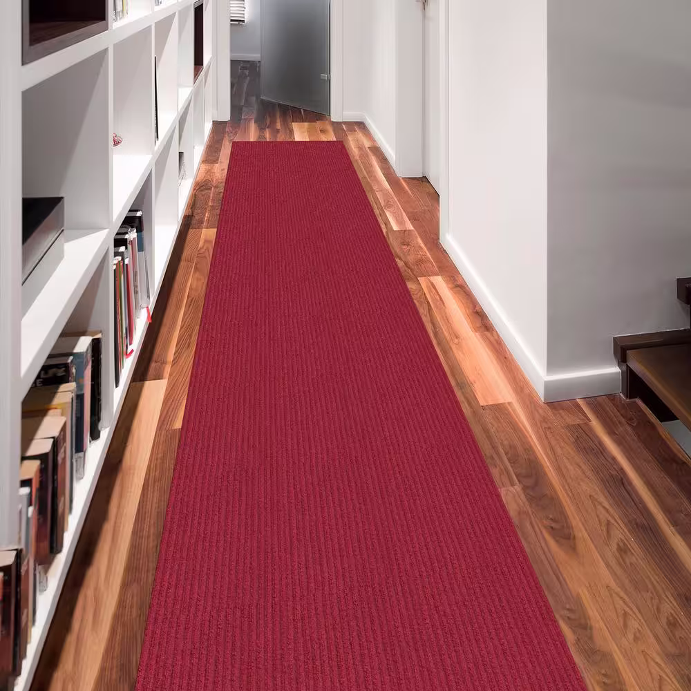 Sweet Home Stores Ribbed Waterproof Non-Slip Rubber Back Solid Runner Rug 2 ft. W x 21 ft. L Red Polyester Garage Flooring