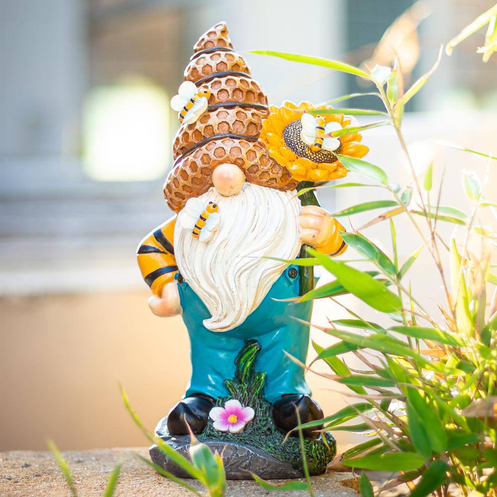 None 11.81in Resin Gnome Garden Decoration Solar Light Sculpture Bee Sunflower Gift