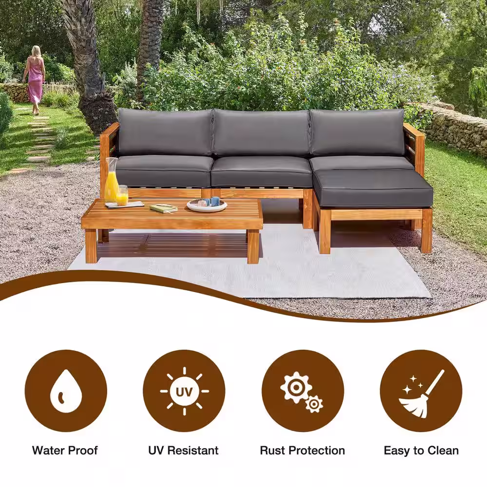 None 5-Piece Wood Patio Conversation Set with Coffee Table and Soft Dark Grey Cushions, Outdoor Sofa Set