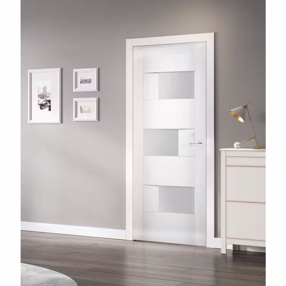 VDOMDOORS 32 in. x 80 in. Universal Frosted Glass Solid MDF White Finished Pine Wood Interior Door Slab with Hardware
