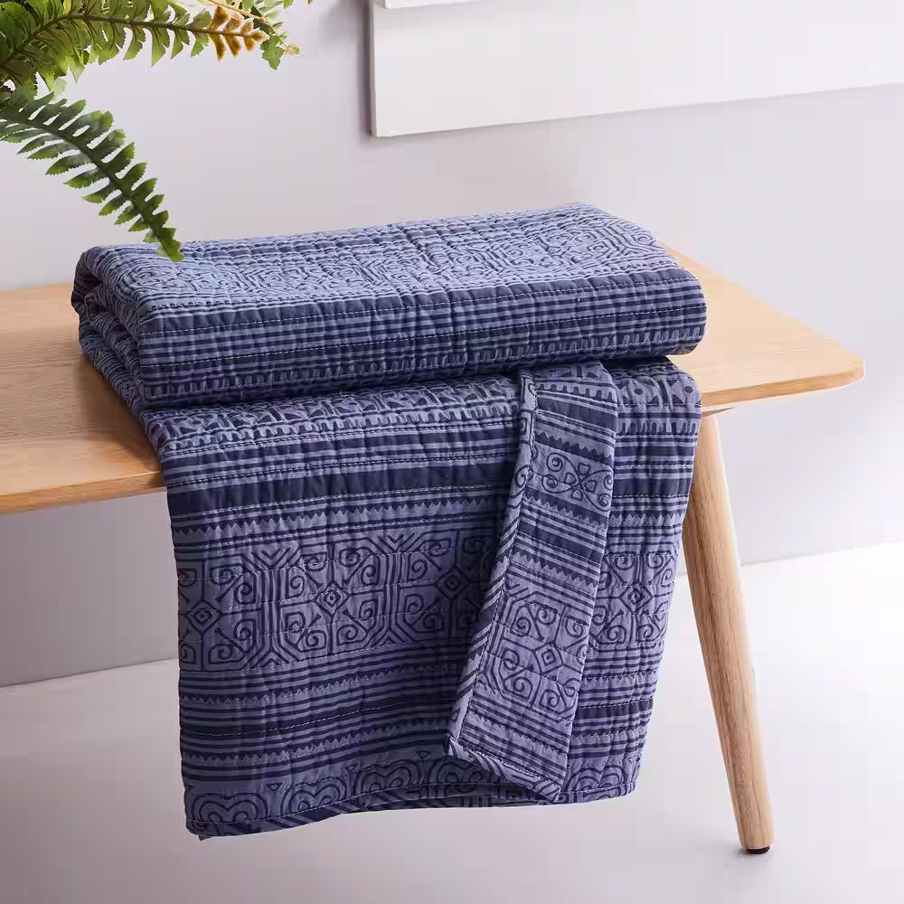 None Tolteca Blue Geometric Quilted Cotton Throw Blanket