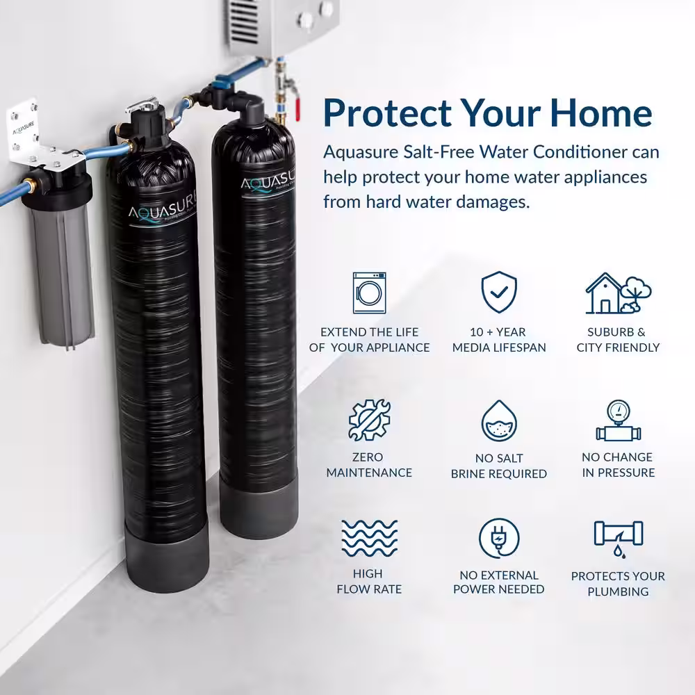 AQUASURE Serene Series 10 GPM Salt-Free Conditioner, Whole House Water Treatment System and Pleated Sediment Pre-Filter