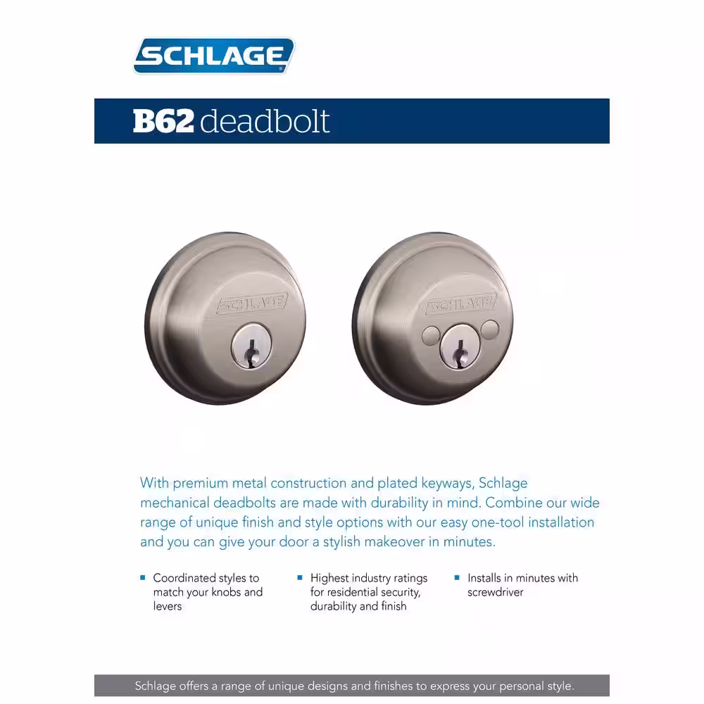 Schlage B62 Series Oil Rubbed Bronze Double Cylinder Deadbolt Certified Highest for Security and Durability