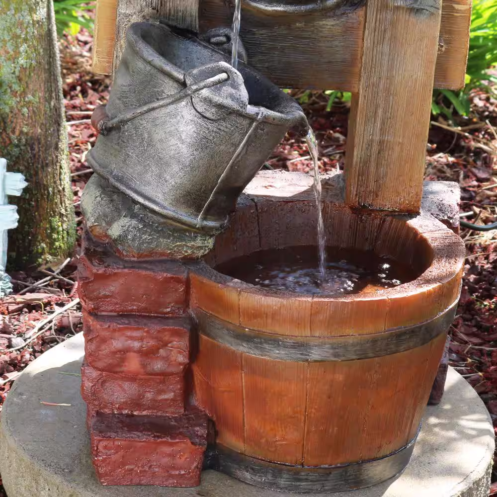 Sunnydaze Decor 34 in. Rustic Pouring Buckets Outdoor Water Fountain with Solar Lantern