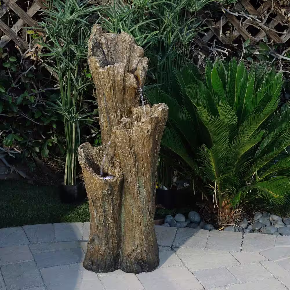 Alpine Corporation 39 in. Tall Outdoor 3-Tier Cascading Tree Bark Water Fountain with LED Lights