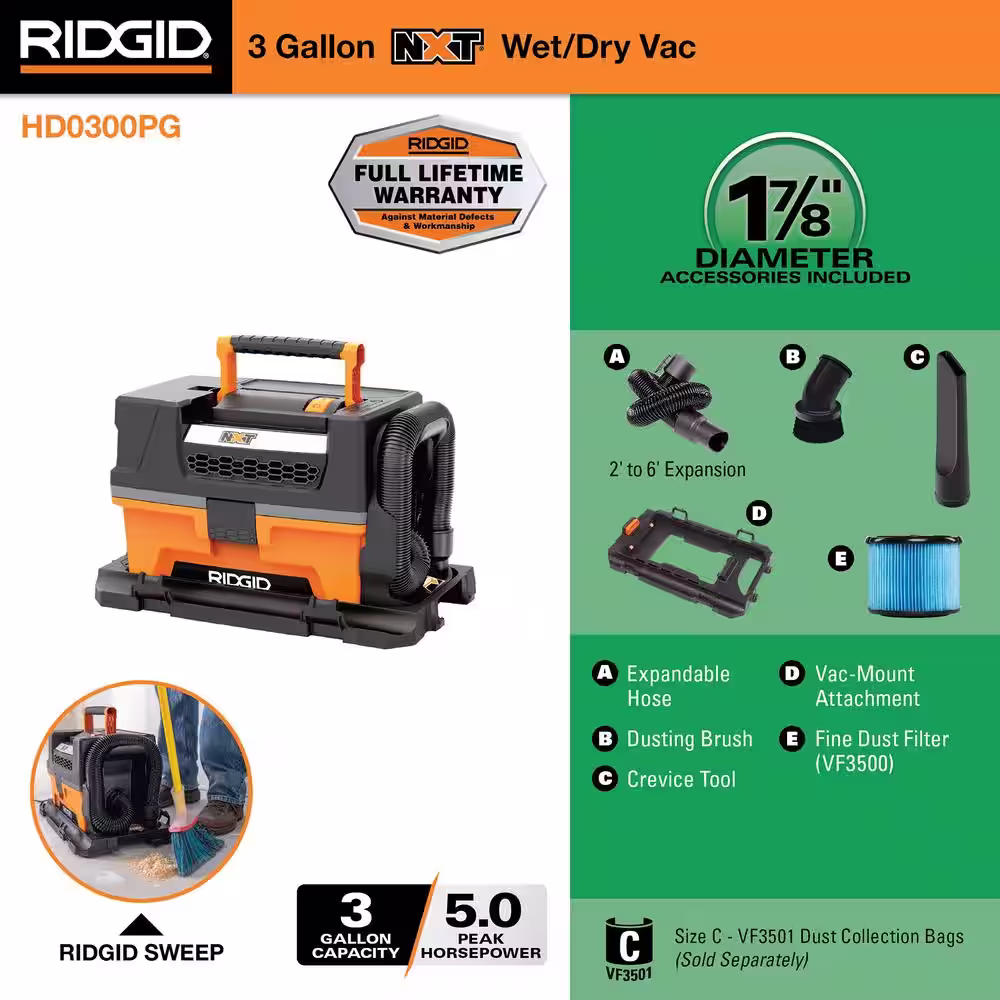 RIDGID 3 Gallon 5.0 Peak HP NXT Wet/Dry Shop Vacuum with Filter, Expandable Locking Hose, Accessories and Pro Gear Attachment