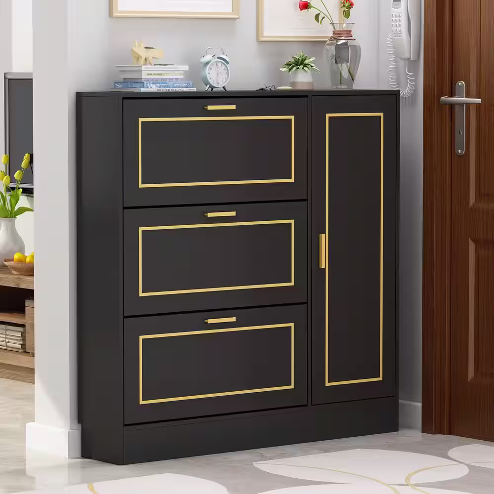 None 47.2 in. H x 47.2 in. W Wood Shoe Storage Cabinet Black Gold with 3-Drawers, 1-Cabinet for 27-Pairs