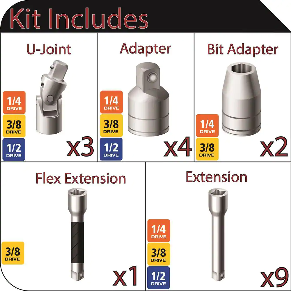 Husky 1/4 in., 3/8 in., 1/2 in. Drive Accessory Set (19-Piece)
