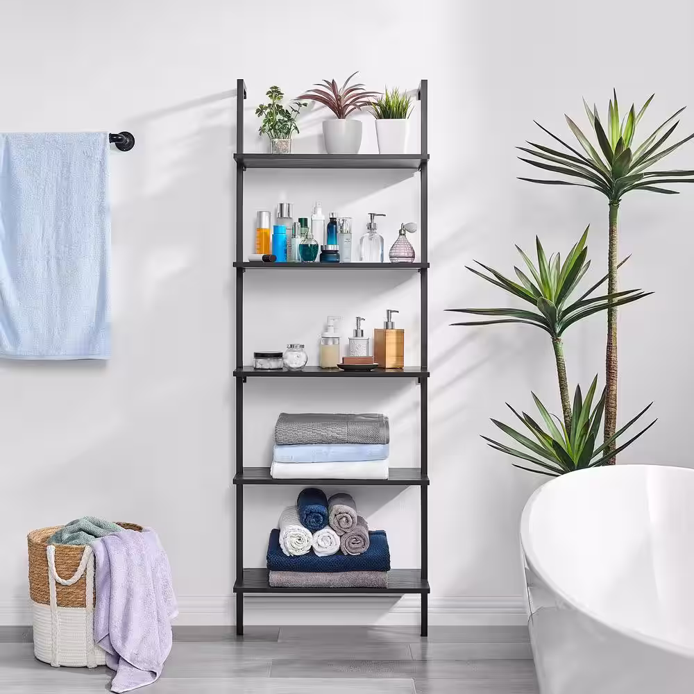 DANYA B Everett 68.5 in. W x 23.62 in. D x 9.88 in. 5-Tier Open Display Modern Ladder Decorative Wall Shelf - Black/Black
