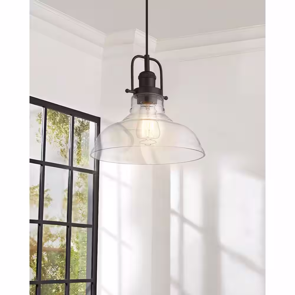 JAZAVA 1-Light Oil Rubbed Bronze Finish Farmhouse Pendant Light with Clear Glass Shade