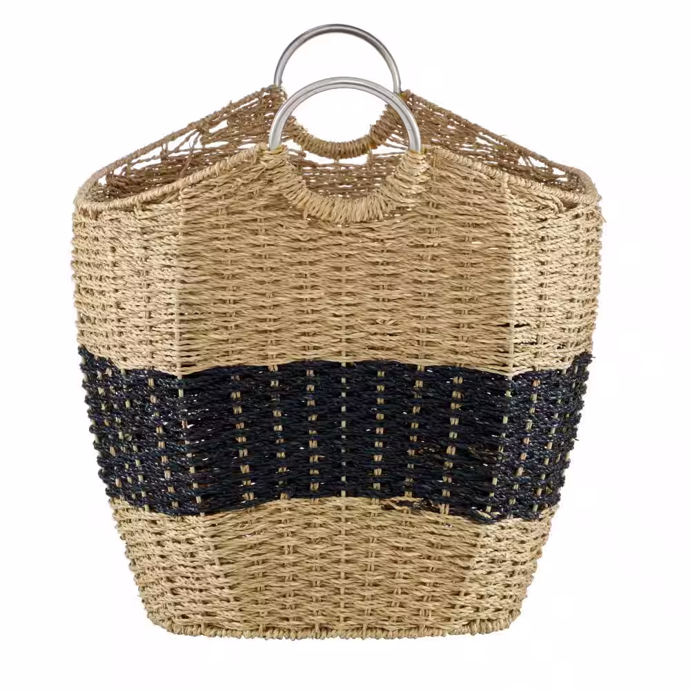 Litton Lane Seagrass Handmade Two Toned Storage Basket with Metal Handles