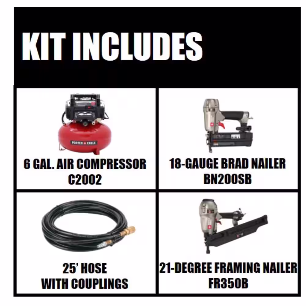 Porter-Cable 6 gal. 150 PSI Portable Electric Air Compressor, 18-Gauge Brad Nailer and 21-Degree 3-1/2 in. Full Round Framing Nailer