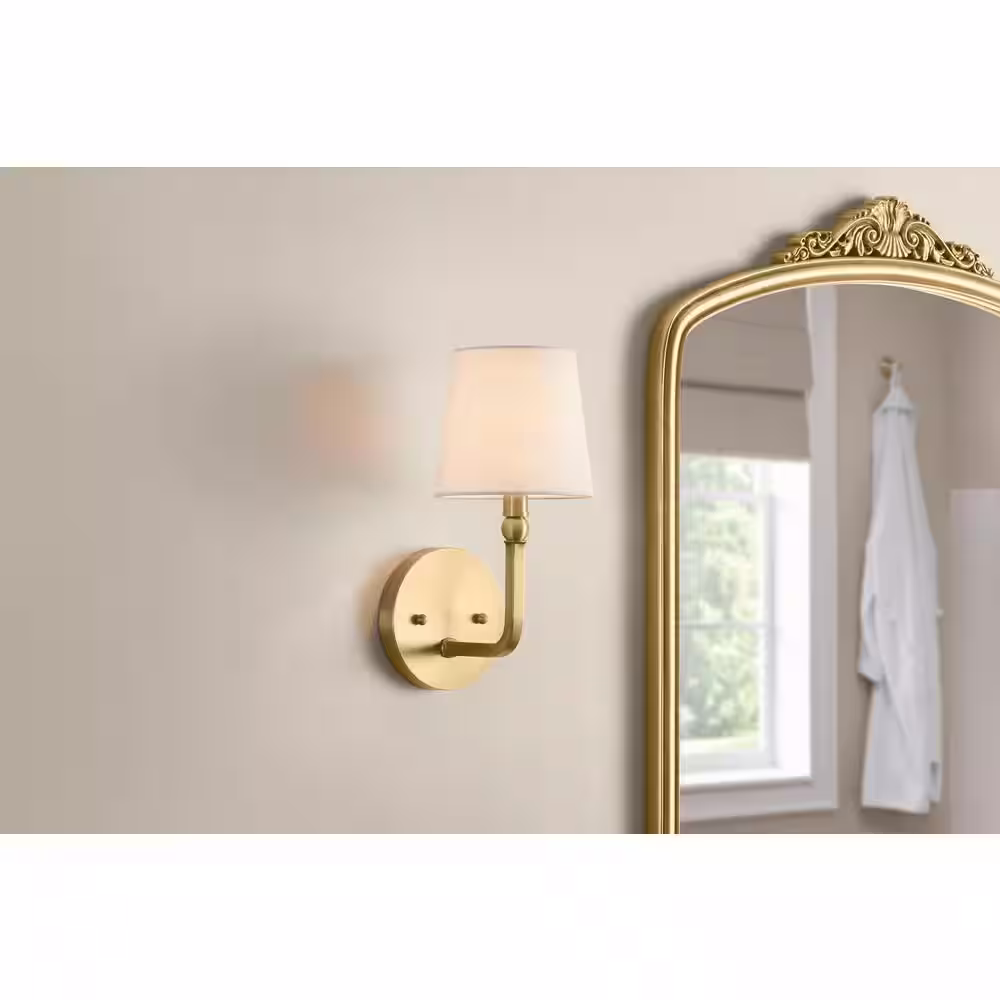Hampton Bay Canterwood 1-Light Brass Indoor Wall Sconce Light Fixture with Tapered Fabric Shade