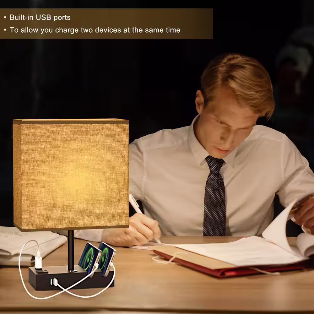 Cedar Hill 17 in. Grey Table Lamp with USB Port and Charging Dock