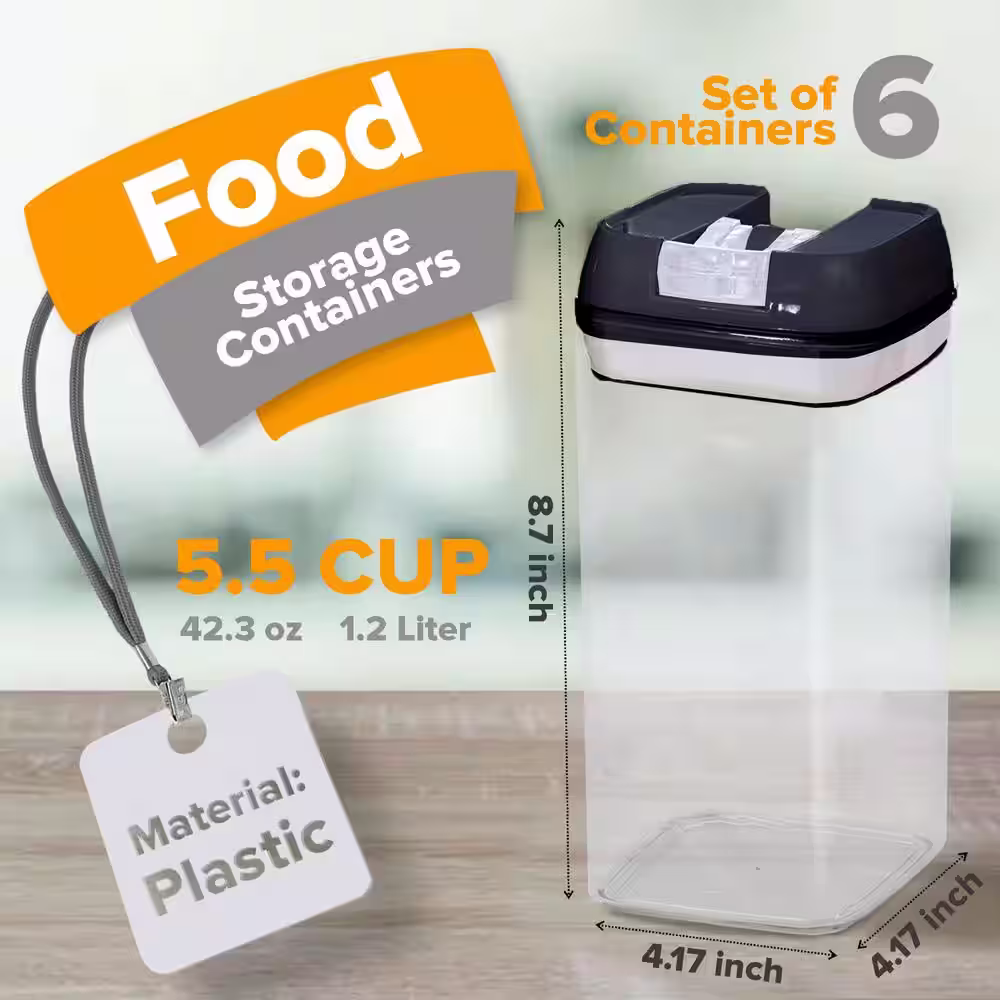 CHEER COLLECTION 6 Piece Food Storsage Plastic Containers, 1.2L - Black