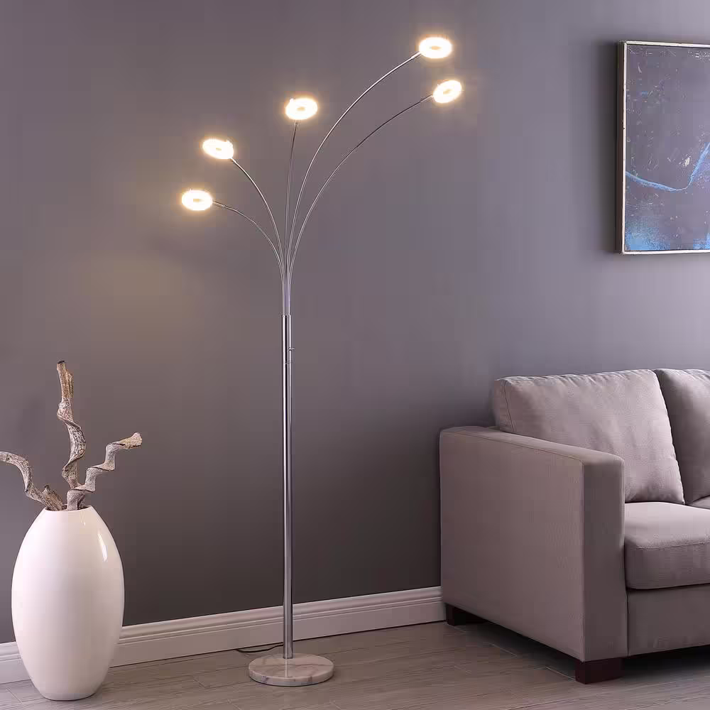 ORE International 80 in. Avery Silver Chrome Metal 5-Arm Aluminum LED Semi Arc Floor Lamp