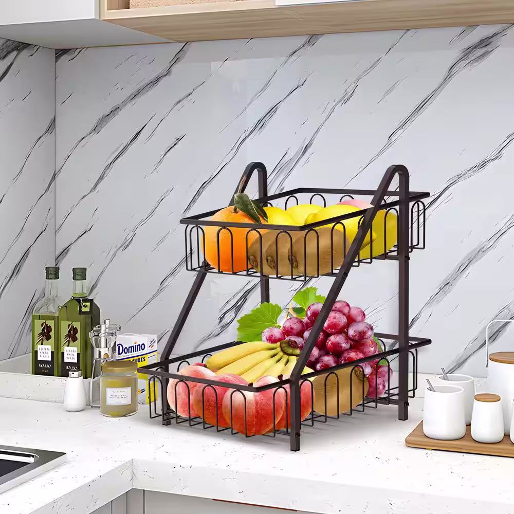 dubbin 2-Tier Bronze Metal Fruit Baskets with Handle For Countertop (12 in. H x 12 in. W x 9 in. D)