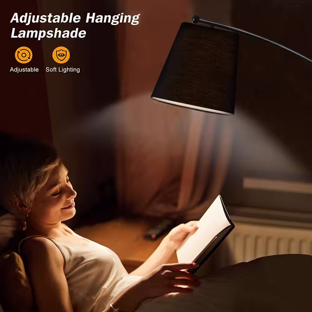 Cedar Hill 70 in. Black Arc Floor Lamp with 2 shades Marble Base Adjustable Arm Lamp