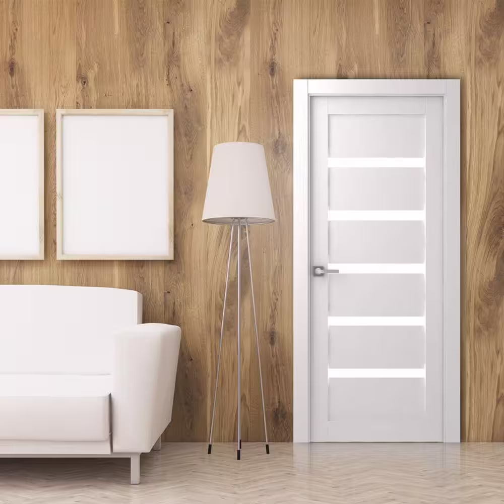 Stile Doors 30 in. x 80 in. 5-Lite Narrow Etched Frosted Glass Primed Wood MDF Interior Solid Core Door Slab