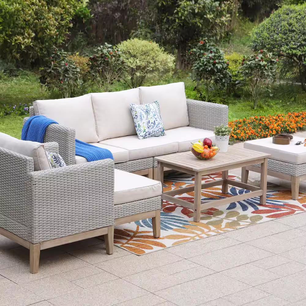 None 5-Piece Rattan Wood Outdoor Patio Conversation Set with Beige Cushions, 2 Ottomans and Acacia Wooden Table