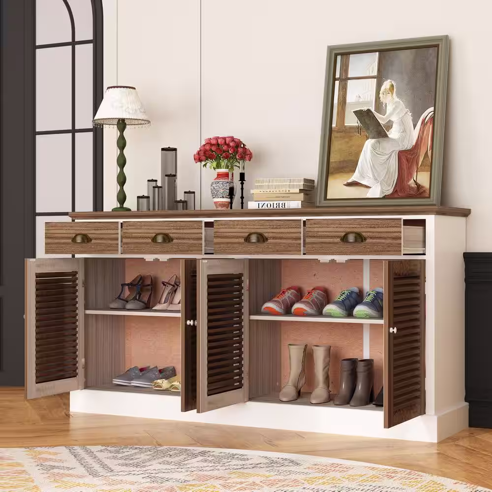 None 63 in. L Brown Rectangle Wooden Console Table Entry Table Shoe Storage With Shuttered Doors, Adjustable Shelves, Drawers