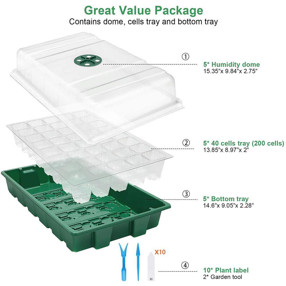 None 15.35 in. x 9.84 in. x 5.03 in. 200 Seed Starter Plant Grow Kit Greenhouse with Humidity Dome and Base (Pack of 5)