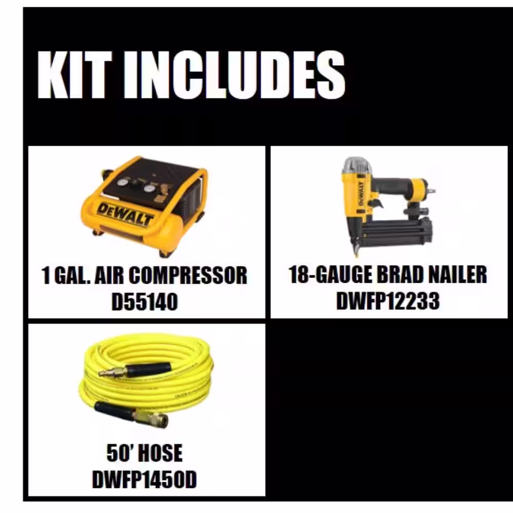 DEWALT 1 Gal. 135 PSI Portable Electric Trim Air Compressor, 18-Gauge Pneumatic Brad Nailer and 50 ft. x 1/4 in. Air Hose