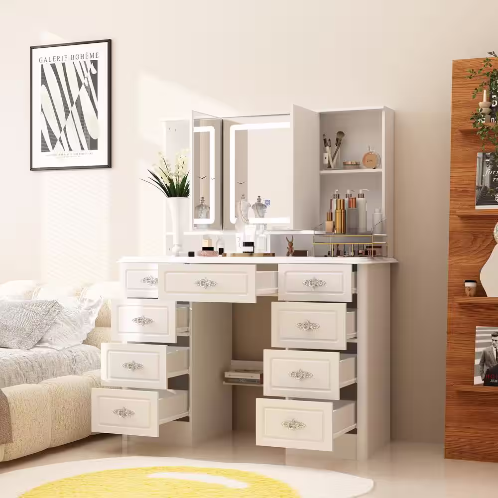 None White Makeup Vanity Table Dressing Desk with 3-Mirrors, LED Lighted, 9-Drawers, Hidden Storage Shelves, Crystal Handles