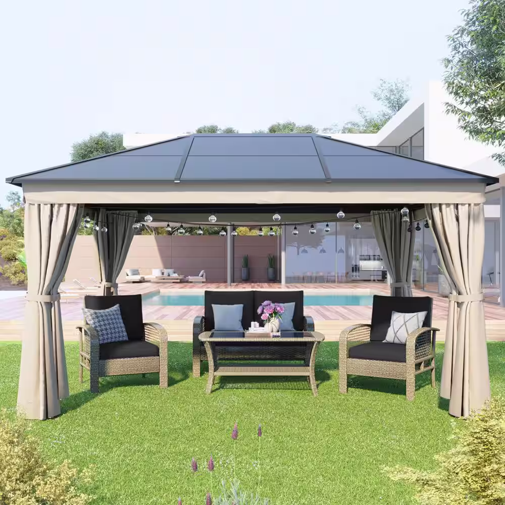 None Patio 13 ft. x 9.8 ft. Beige Aluminum Garden Paito Gazebo with Polycarbonate Roof