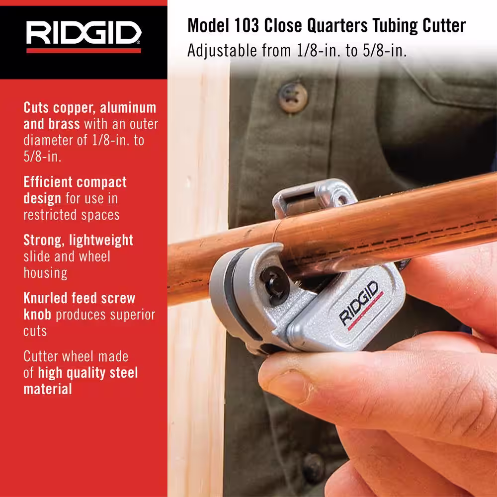 RIDGID 1/8 in. to 5/8 in. 103 Close Quarters Copper, Aluminum, Brass, and Plastic Tubing Cutter, Multi-Use Tubing Tool