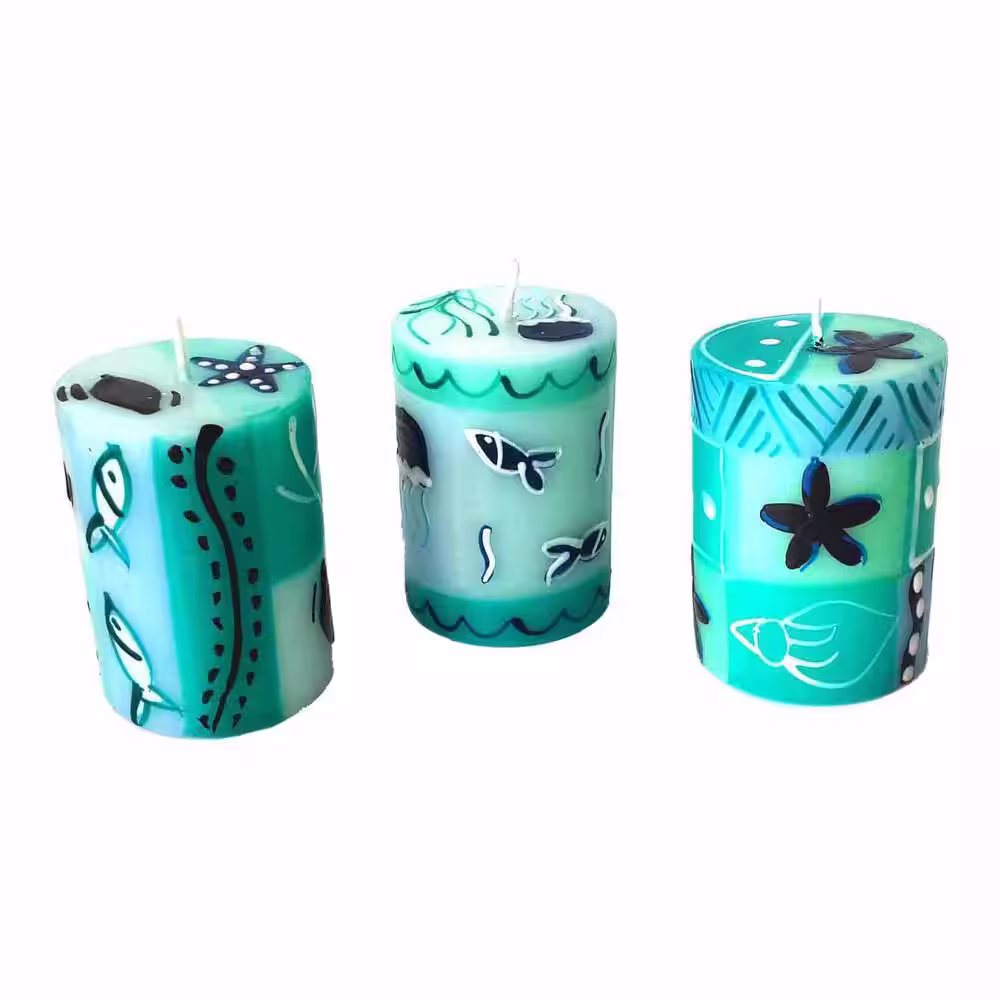 Global Crafts Samaki Design Unscented Hand-Painted Blue Votive Candles Boxed (Set of 3)