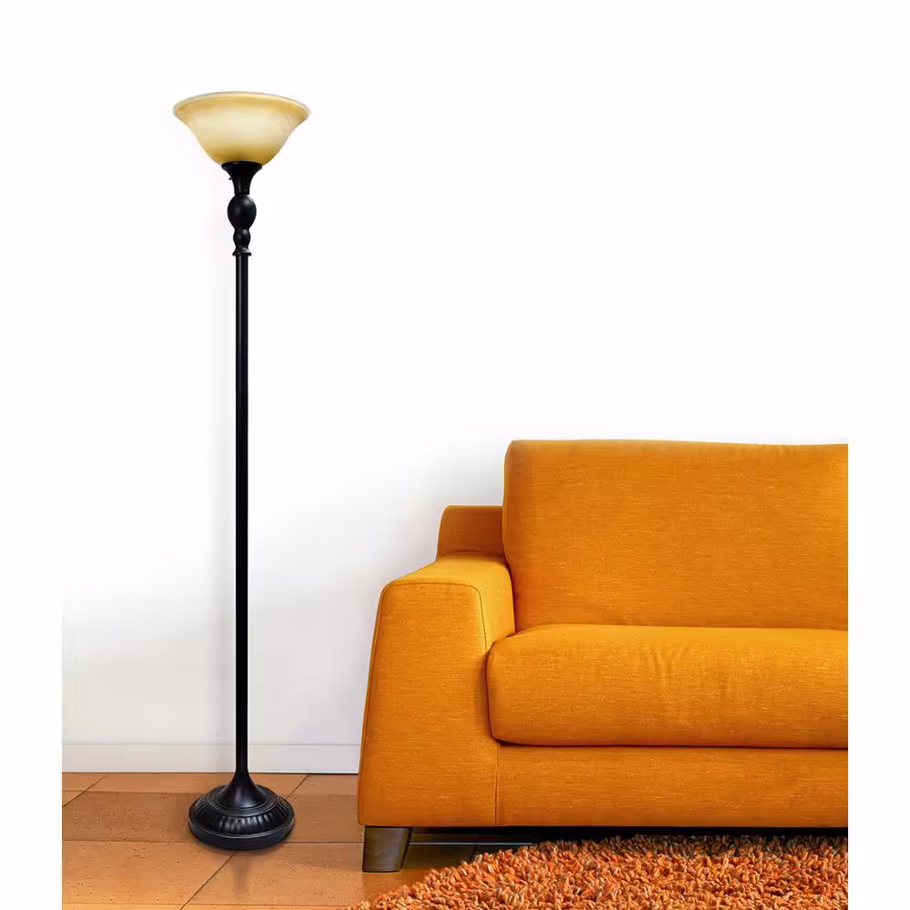 Elegant Designs 1-Light 71 in. Restoration Bronze Torchiere Floor Lamp with Marbelized Amber Glass Shade