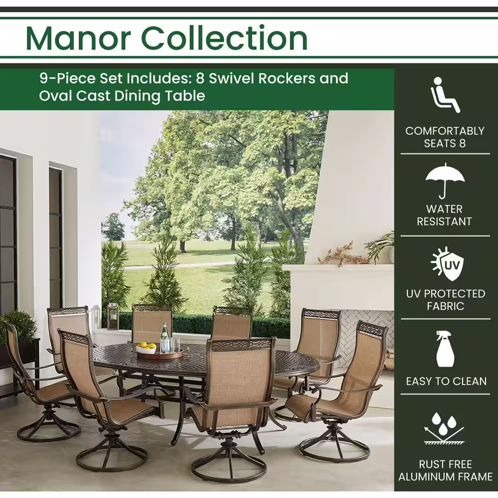 Hanover Manor 9-Piece Aluminum Outdoor Dining Set, 8 Swivel Rocker Chairs and 95 in. x 60 in. Oval Table, Bronze, All-Weather