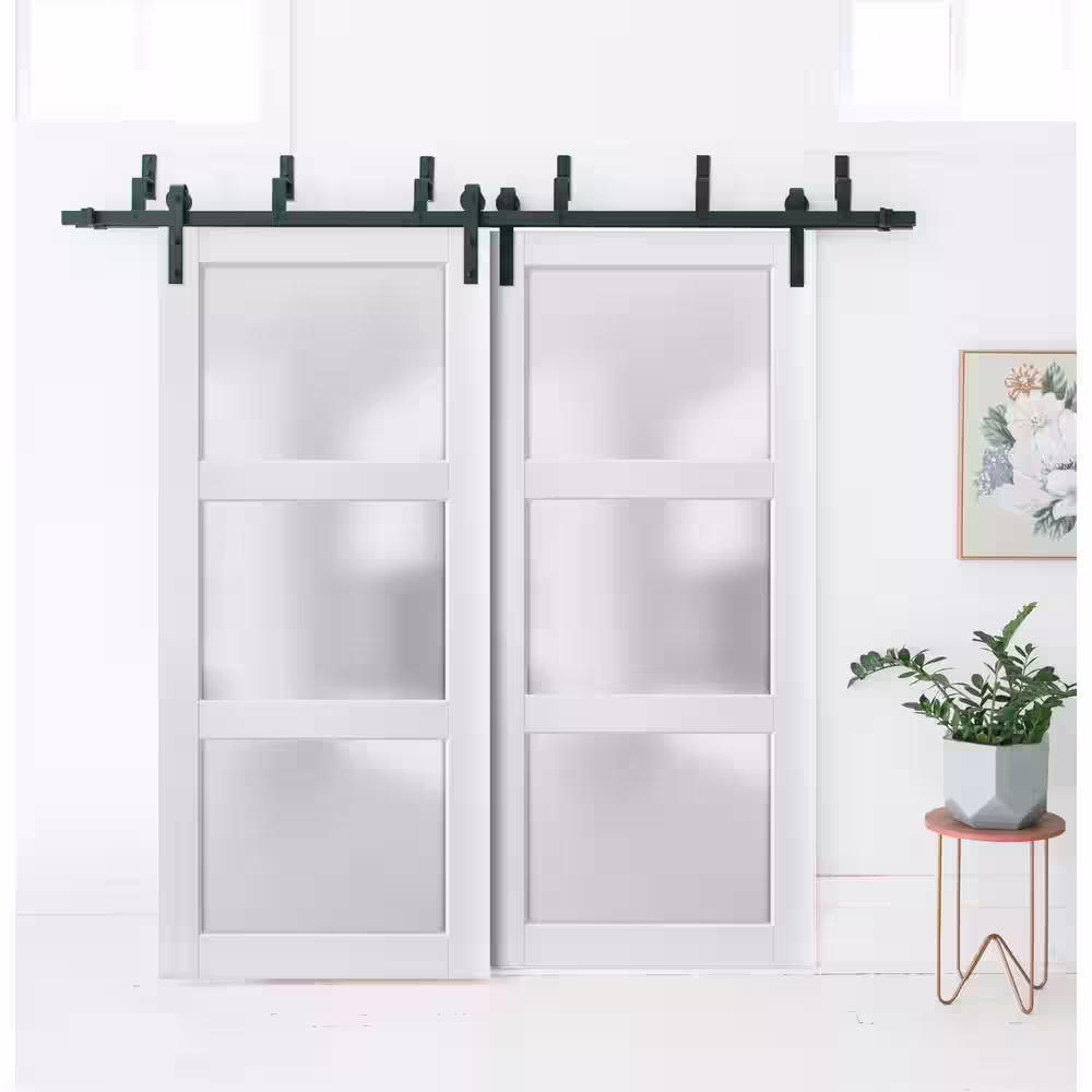 Sartodoors 2552 42 in. x 80 in. 3 Panel No Bore Solid 3 Lite Frosted Glass White Finished Pine Wood Interior Door Slab