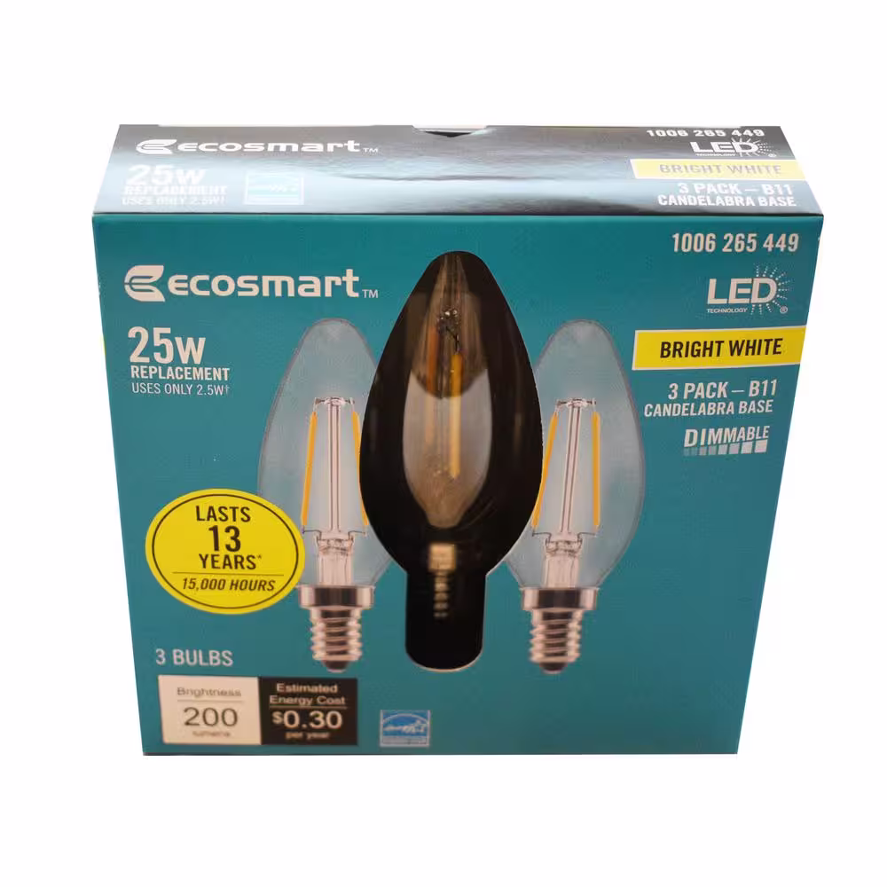 EcoSmart 25-Watt Equivalent B11 Blunt Tip Dimmable E12 Candelabra Clear Glass LED Vintage Edison Light Bulb Bright White (3-Pack)
