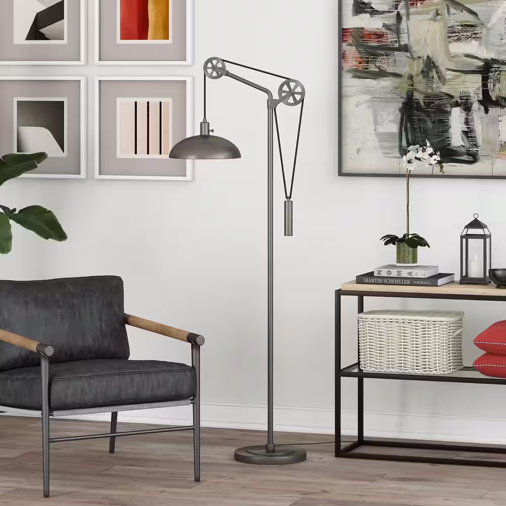 Meyer&Cross Neo 72 in. Aged Steel Floor Lamp with Spoke Wheel Pulley System