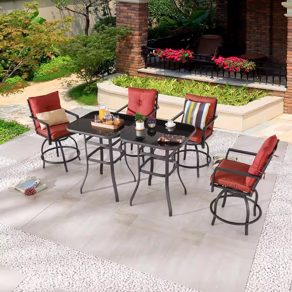Patio Festival 6-Piece Metal Bar Height Outdoor Dining Set with Red Cushions