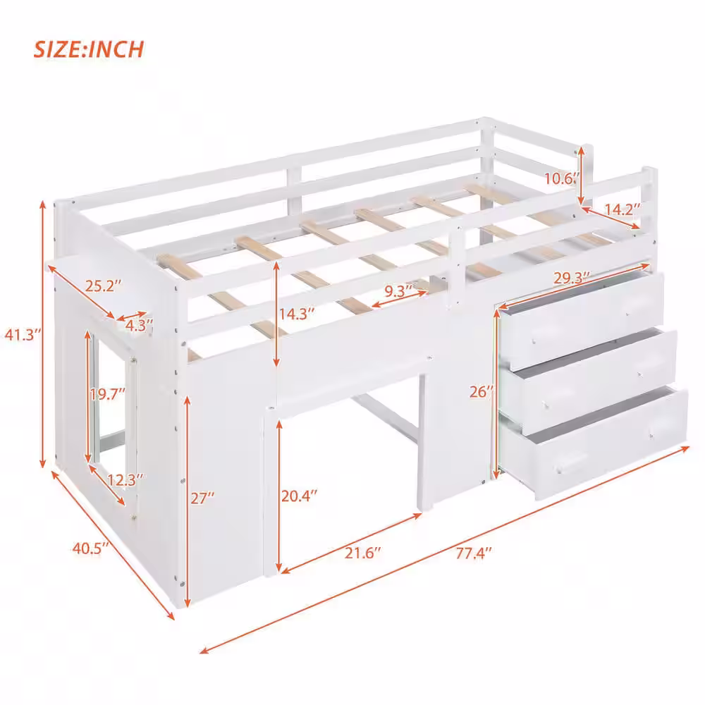 Harper & Bright Designs White Twin Size Wooden Loft Bed with Cabinet and Shelf