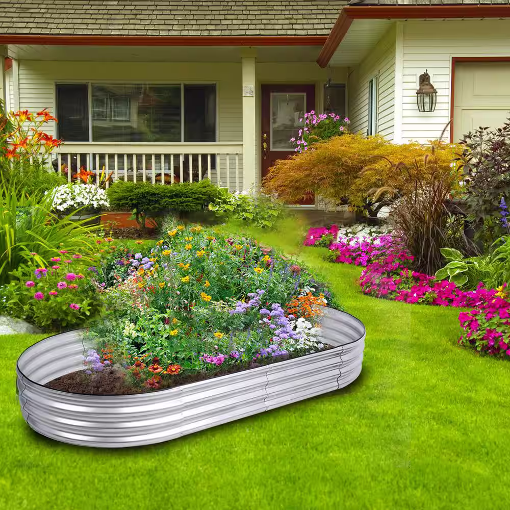 None Outdoor Galvanized Oval Large Metal Raised Garden Beds in Silver, 8 ft. x 4 ft. x 1 ft., 2-Pieces