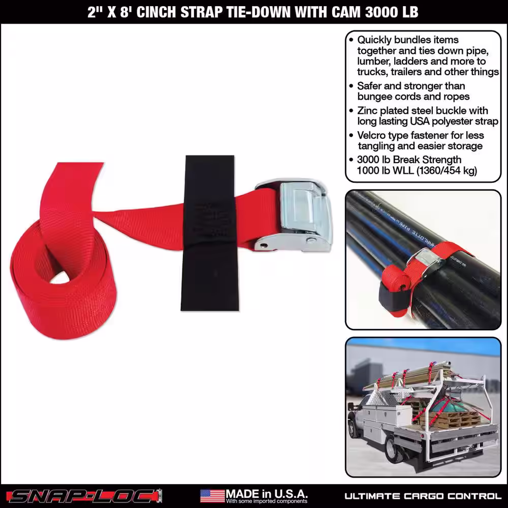 SNAP-LOC 2 in. x 8 ft. Cinch Strap with Cam in Red