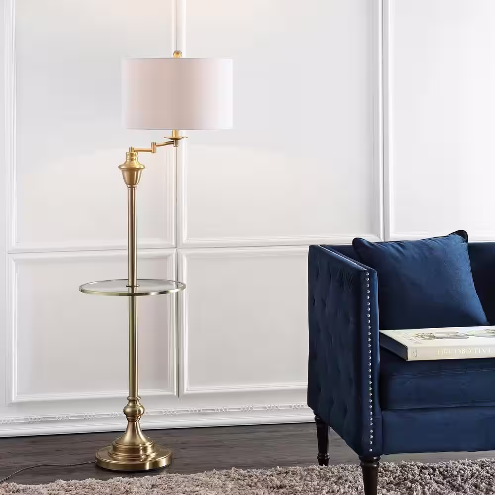 None Cora 60 in. Metal/Glass LED Side Table and Floor Lamp, Brass