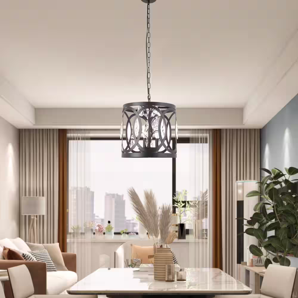 Maxax Lansing 3-Light Gold Lantern Drum Pendant with Crystal Accents
