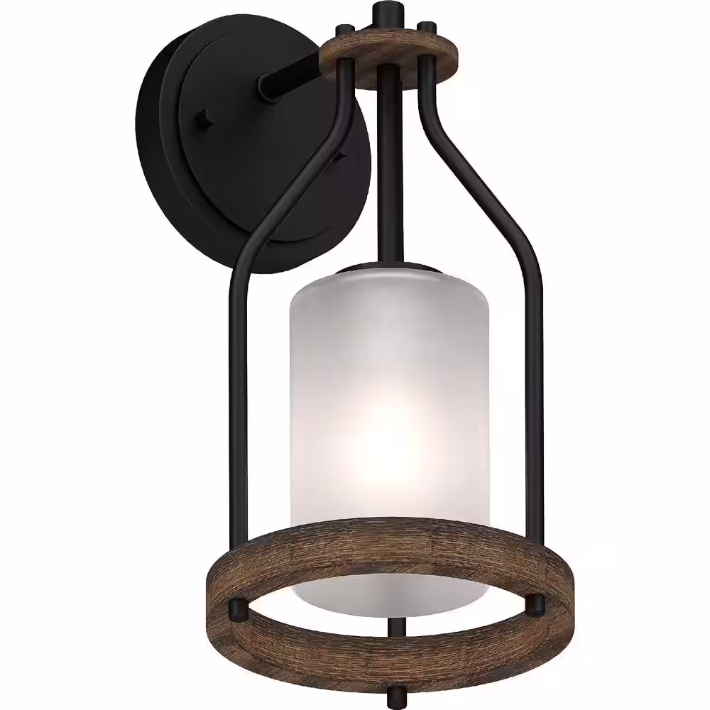Volume Lighting Emery 1-Light 5 in. Walnut and Black Indoor Vanity Wall Sconce or Wall Mount with Frosted Glass Cylinder Shade
