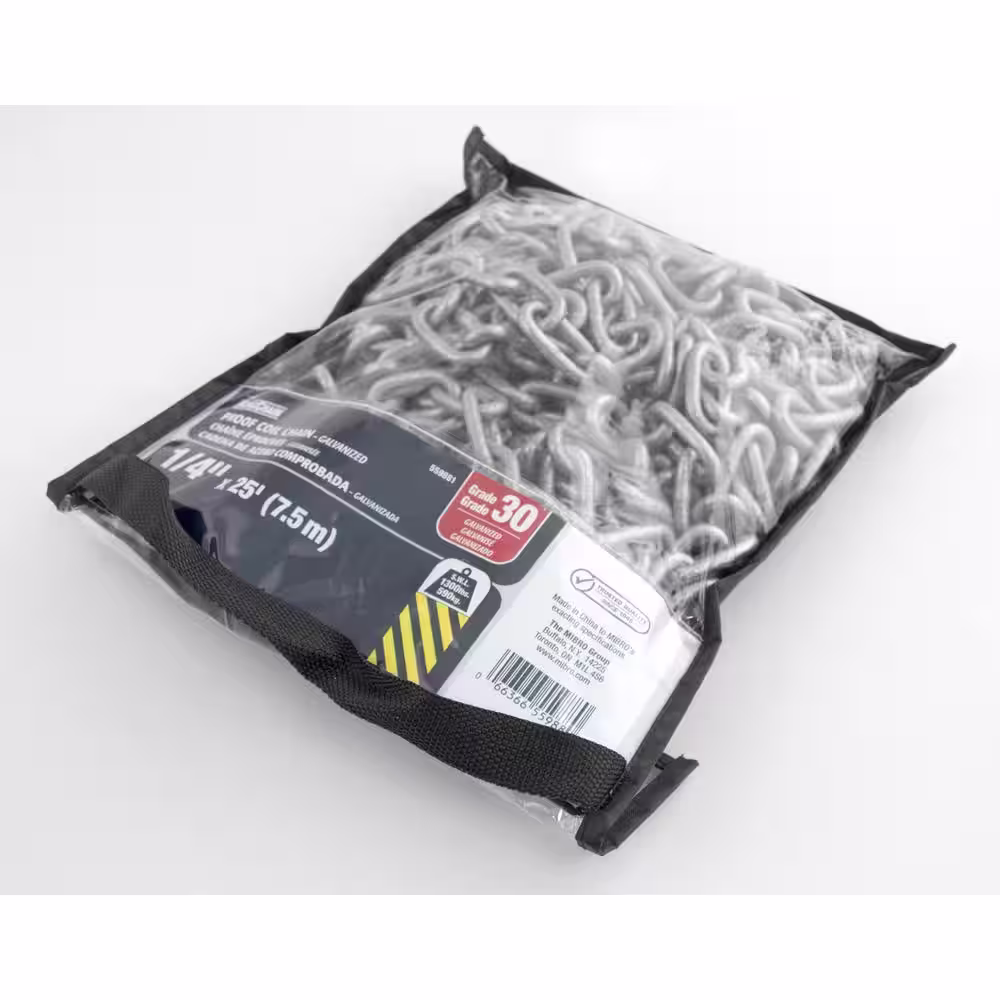 KingChain 1/4 in. x 25 ft. Grade 30 Proof Coil Chain Galvanized Heavy-Duty Carry Bag