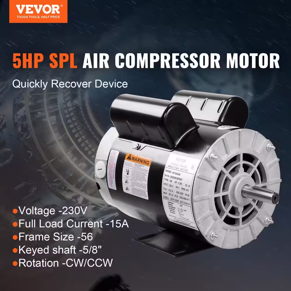 VEVOR SPL Air Compressor Motor 5HP 5/8 in. Keyed Shaft Electric Single Phase Motor 230V 16/15 Amp 56HZ Frame CW/CCW Rotation