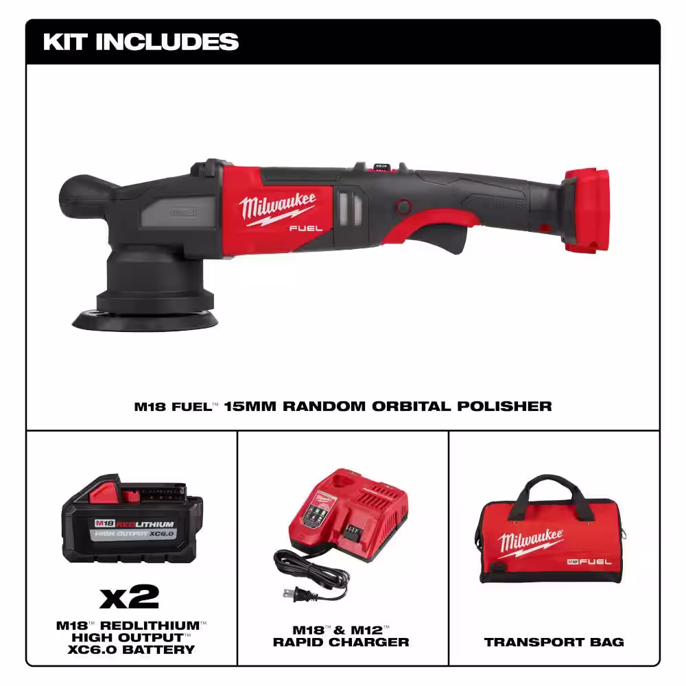 Milwaukee M18 FUEL18V Lithium-Ion Brushless Cordless 15 mm DA Polisher Kit with (2) M18 Batteries, Charger and Bag
